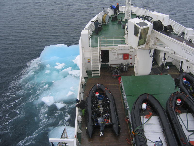 An ice float stuck to the bow of the ship